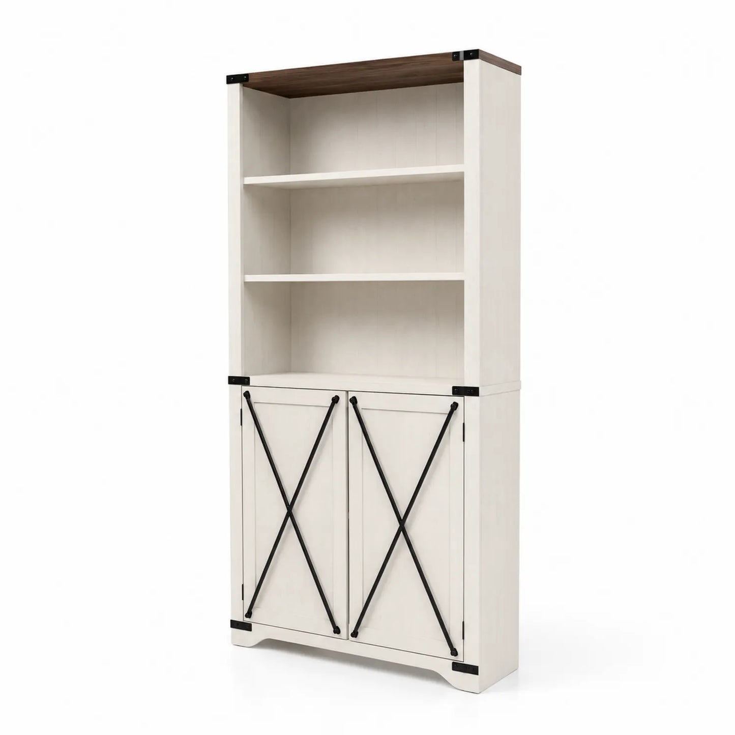 Holz Bücherregal mit Türen und Regalen, Metallverstärkungen, Weiß/Dunkelbraun, 180x80x40cm