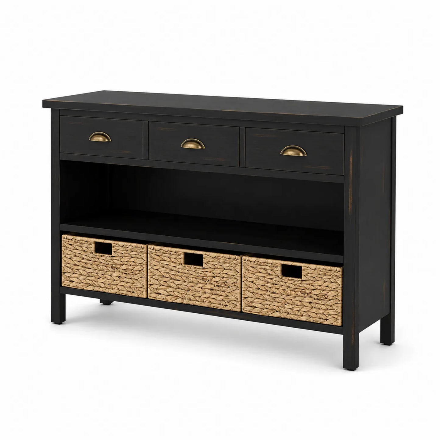 Schwarzes Holz-Sideboard mit Weidenkörben und Schubladen