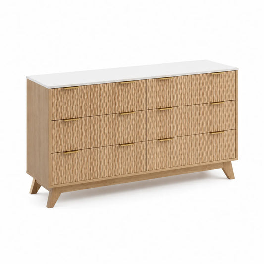 Kommode Holz mit 6 Schubladen Eiche/Weiße Oberfläche