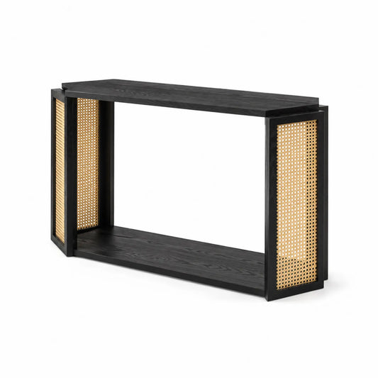 Konsole aus Holz und Rattan Schwarz/Natur 120x35x80cm