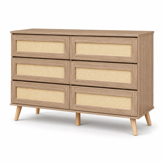 MDF-Kommode mit 6 Rattan-Schubladen in Naturholzoptik